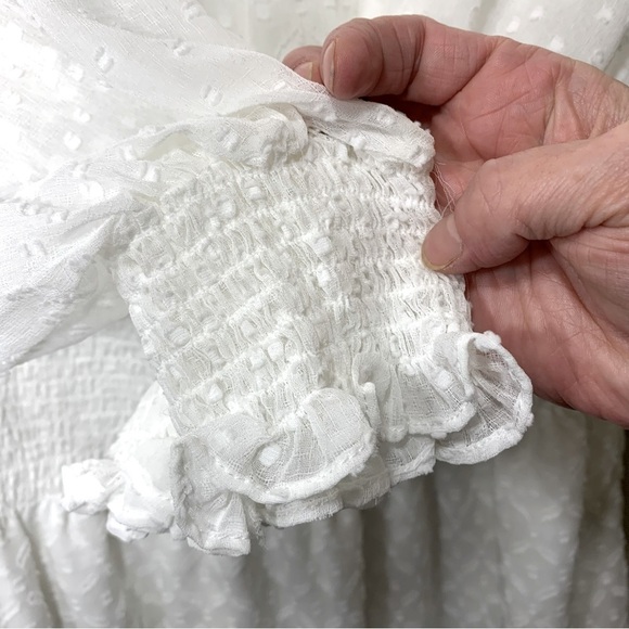 White House Black Market Smocked Blouson Dress Ivory M Sheer Romantic Feminine - Picture 8 of 16